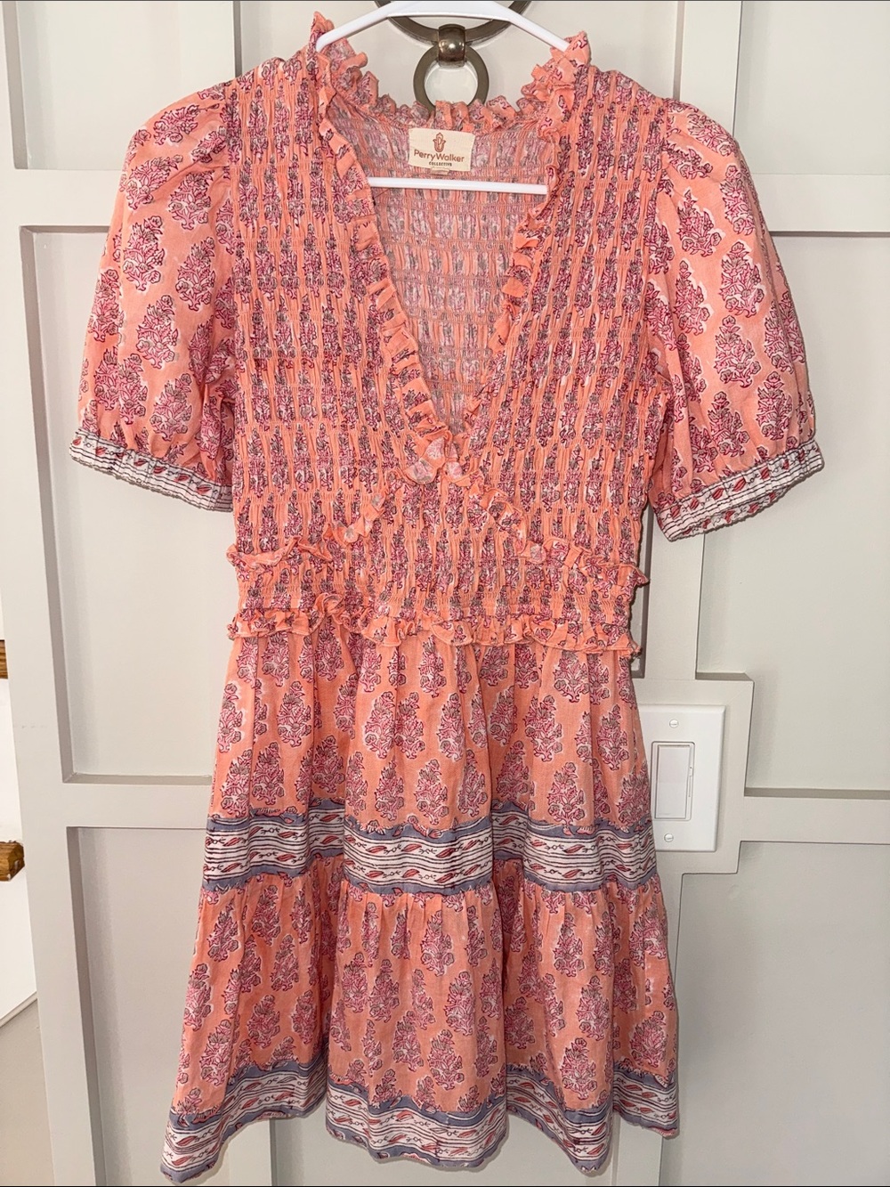 Perry Walker Collective Boho Floral Smocked Tiered Cotton Mini Dress Size 1 NWOT